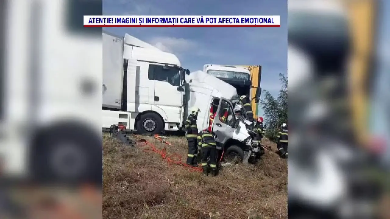 Două britanice, moarte pe DN6: Microbuzul, strivit între doi TIR-uri